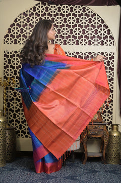 Shubh Lakshmi 2.0 ~ Handloom High Quality Pure Soft Silk Saree in Azure Blue and Red (Silk Mark Certified) - verymuchindian.com