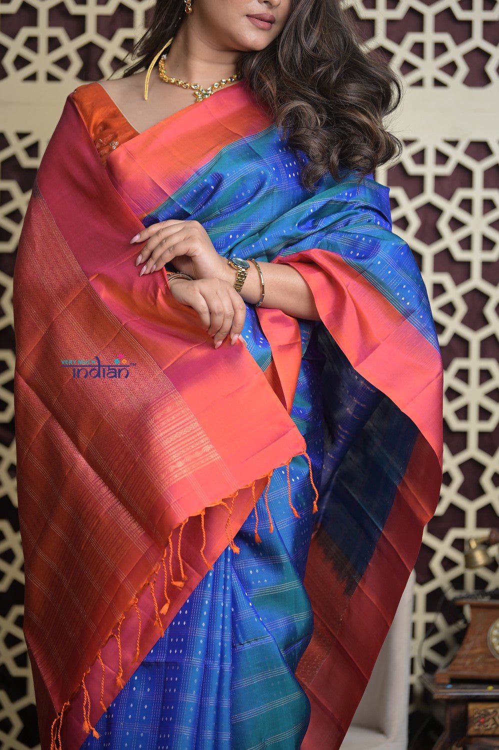 Shubh Lakshmi 2.0 ~ Handloom High Quality Pure Soft Silk Saree in Azure Blue and Red (Silk Mark Certified) - verymuchindian.com