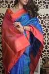 Shubh Lakshmi 2.0 ~ Handloom High Quality Pure Soft Silk Saree in Azure Blue and Red (Silk Mark Certified) - verymuchindian.com