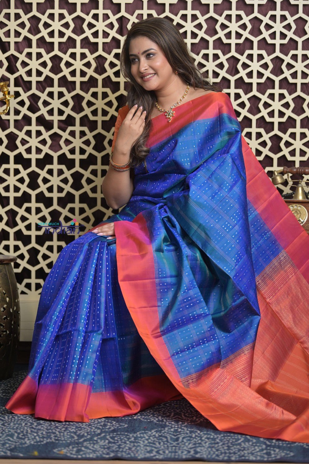 Shubh Lakshmi 2.0 ~ Handloom High Quality Pure Soft Silk Saree in Azure Blue and Red (Silk Mark Certified) - verymuchindian.com