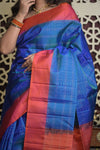 Shubh Lakshmi 2.0 ~ Handloom High Quality Pure Soft Silk Saree in Azure Blue and Red (Silk Mark Certified) - verymuchindian.com