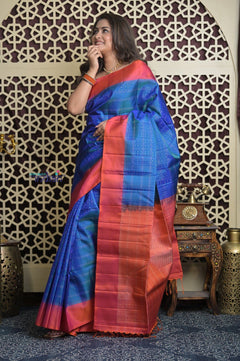 Shubh Lakshmi 2.0 ~ Handloom High Quality Pure Soft Silk Saree in Azure Blue and Red (Silk Mark Certified) - verymuchindian.com