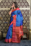 Shubh Lakshmi 2.0 ~ Handloom High Quality Pure Soft Silk Saree in Azure Blue and Red (Silk Mark Certified) - verymuchindian.com