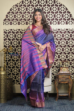 Shubh Lakshmi 2.0 ~ Handloom High Quality Pure Soft Silk Saree in Blue and Purple (Silk Mark Certified) - verymuchindian.com