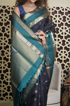 Shubh Lakshmi 2.0 ~ Handloom High Quality Pure Soft Silk Saree in Blue (Silk Mark Certified) - verymuchindian.com
