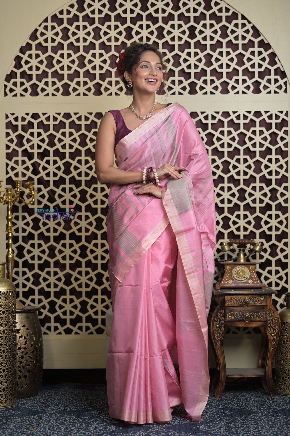 Shubh Lakshmi 2.0 ~ Handloom High Quality Pure Soft Silk Saree in Blush Pink and Grey (Silk Mark Certified) - verymuchindian.com