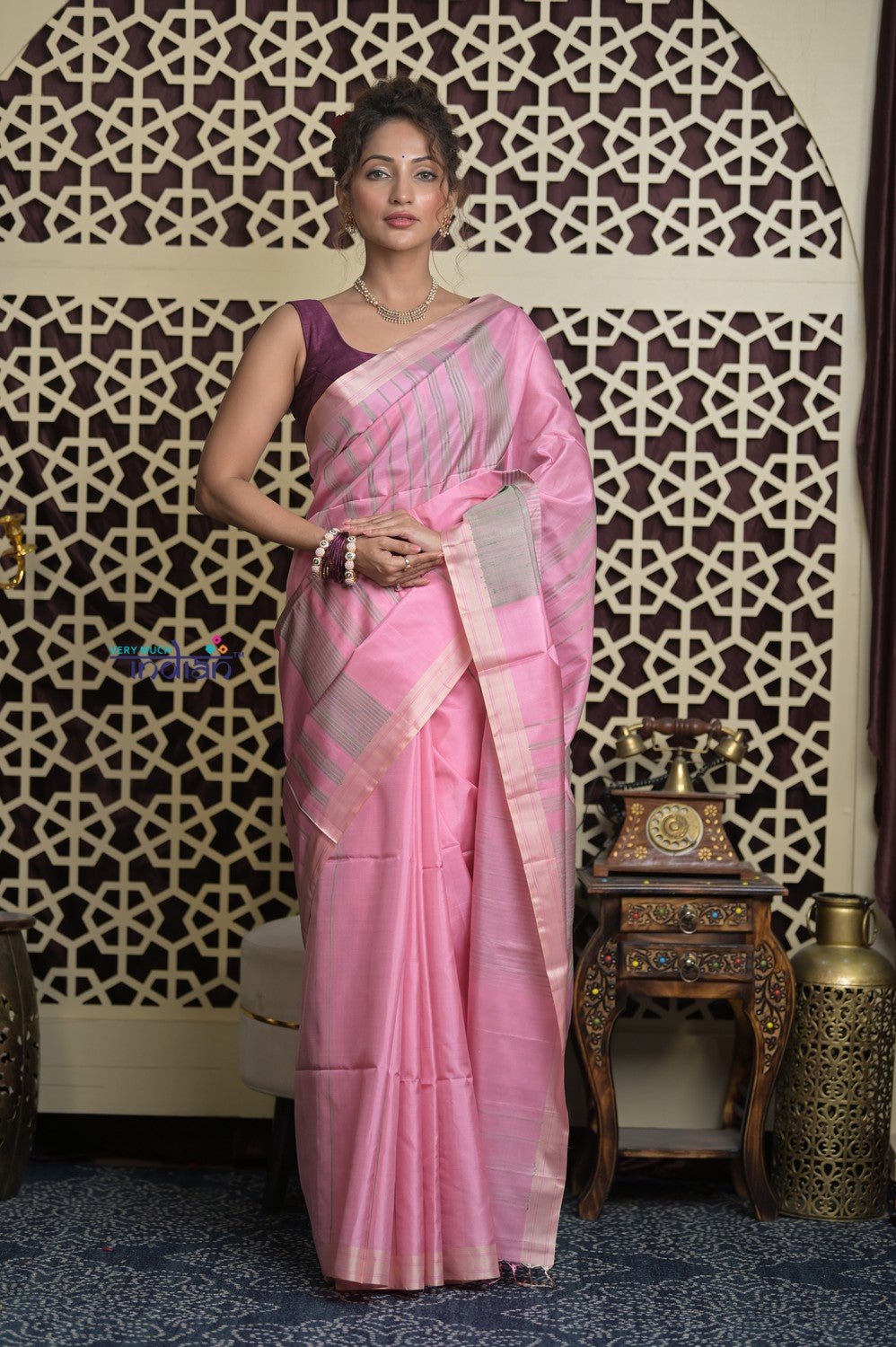 Shubh Lakshmi 2.0 ~ Handloom High Quality Pure Soft Silk Saree in Blush Pink and Grey (Silk Mark Certified) - verymuchindian.com