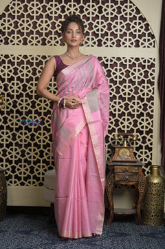 Shubh Lakshmi 2.0 ~ Handloom High Quality Pure Soft Silk Saree in Blush Pink and Grey (Silk Mark Certified) - verymuchindian.com