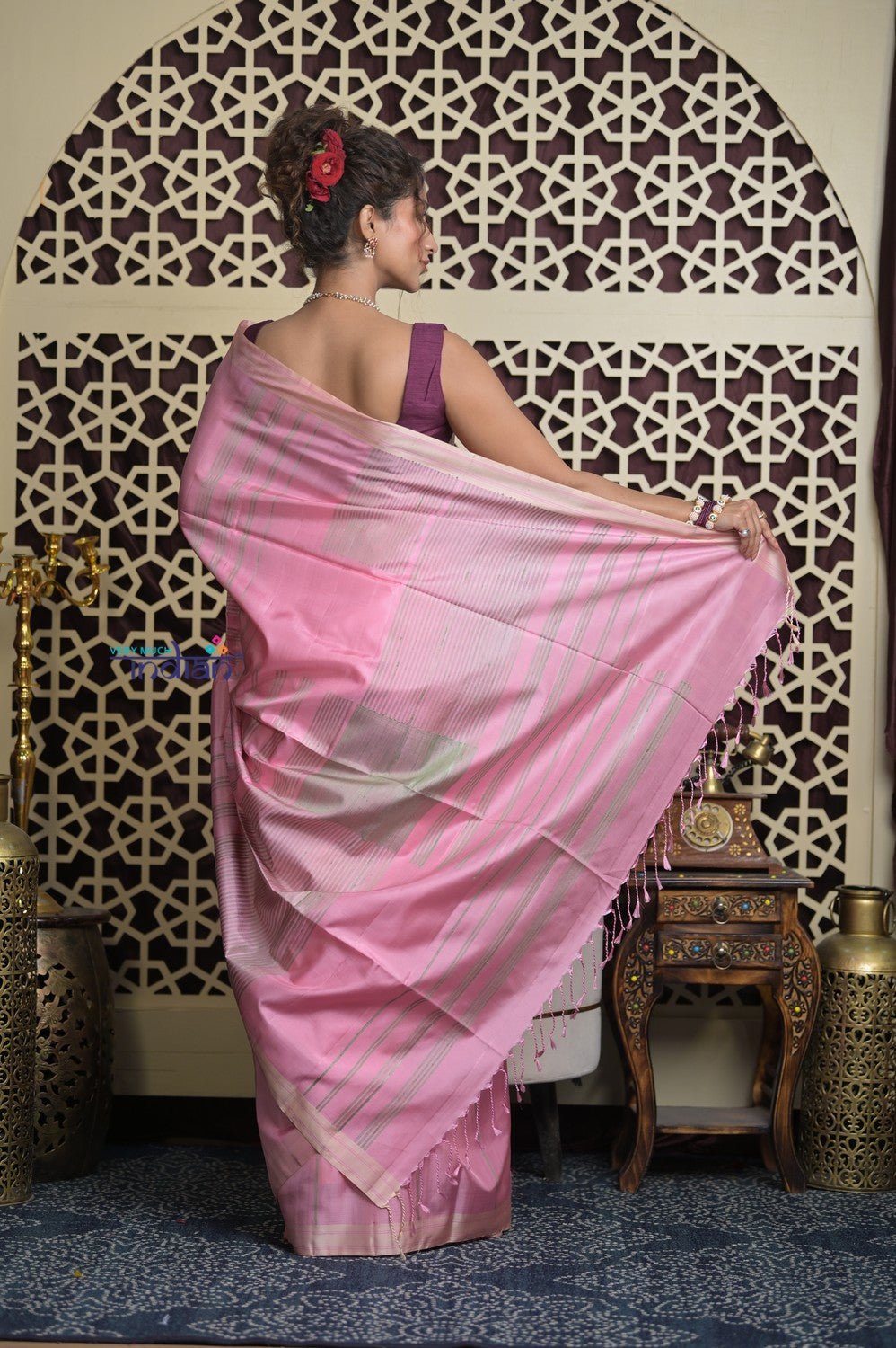 Shubh Lakshmi 2.0 ~ Handloom High Quality Pure Soft Silk Saree in Blush Pink and Grey (Silk Mark Certified) - verymuchindian.com