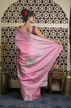 Shubh Lakshmi 2.0 ~ Handloom High Quality Pure Soft Silk Saree in Blush Pink and Grey (Silk Mark Certified) - verymuchindian.com