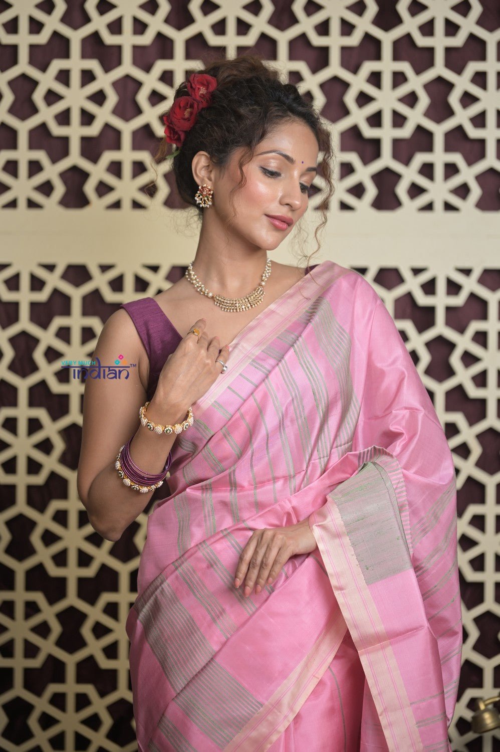 Shubh Lakshmi 2.0 ~ Handloom High Quality Pure Soft Silk Saree in Blush Pink and Grey (Silk Mark Certified) - verymuchindian.com