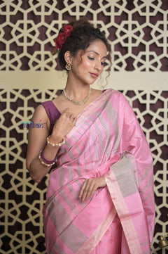 Shubh Lakshmi 2.0 ~ Handloom High Quality Pure Soft Silk Saree in Blush Pink and Grey (Silk Mark Certified) - verymuchindian.com