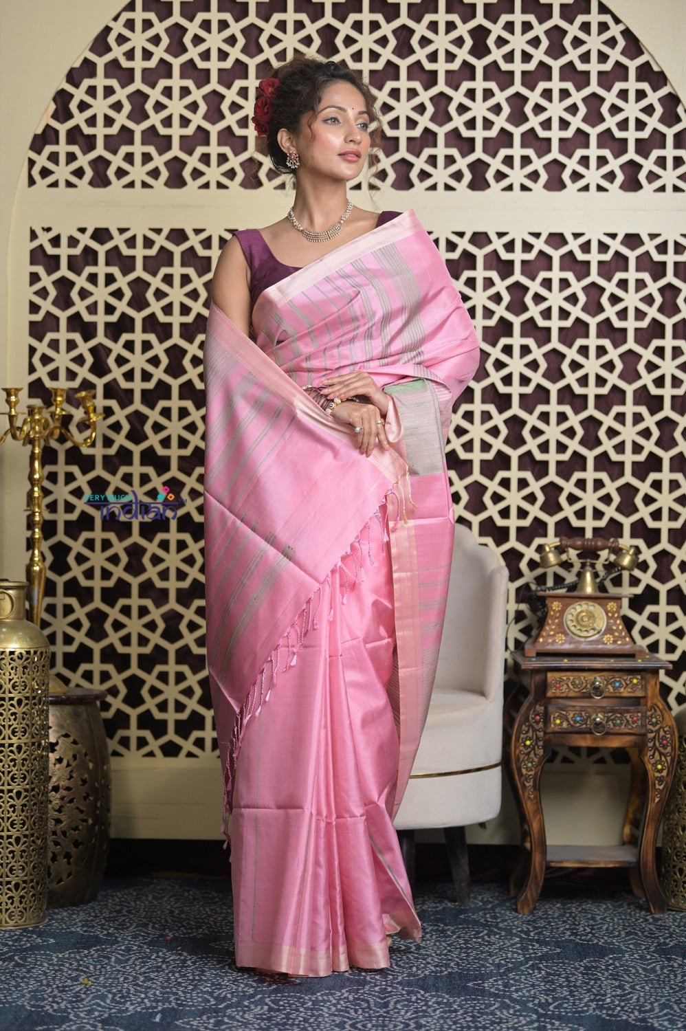 Shubh Lakshmi 2.0 ~ Handloom High Quality Pure Soft Silk Saree in Blush Pink and Grey (Silk Mark Certified) - verymuchindian.com