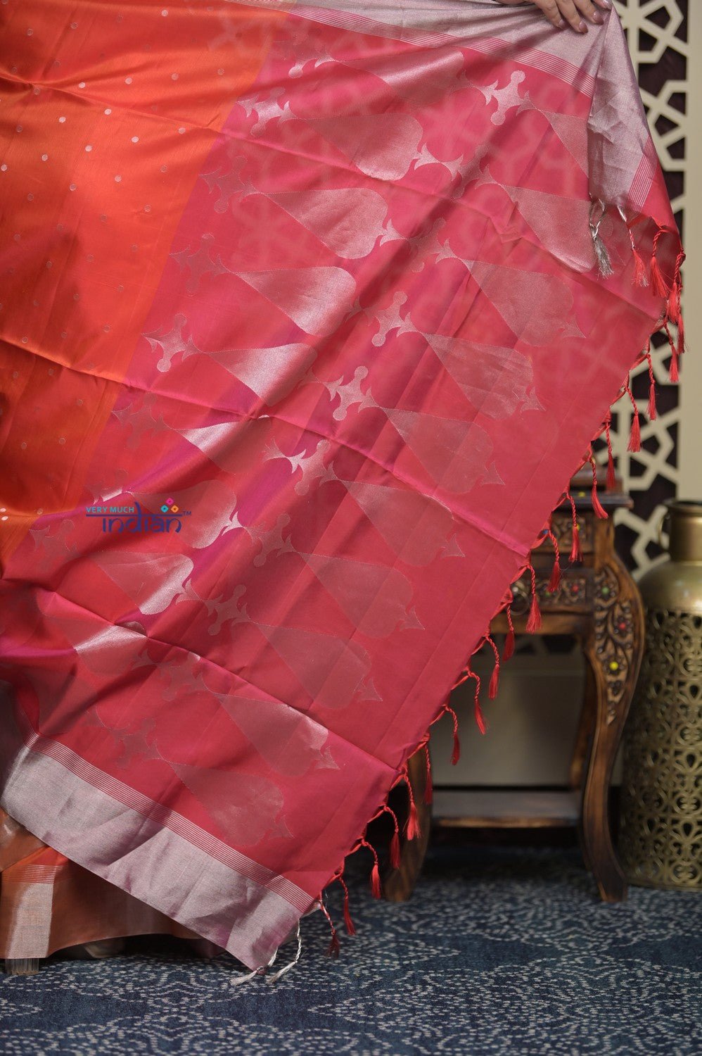 Shubh Lakshmi 2.0 ~ Handloom High Quality Pure Soft Silk Saree in Bright Orange and Pink (Silk Mark Certified) - verymuchindian.com