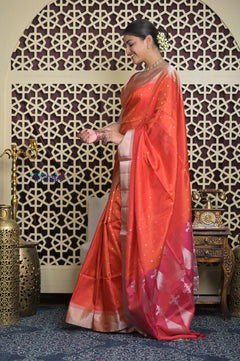 Shubh Lakshmi 2.0 ~ Handloom High Quality Pure Soft Silk Saree in Bright Orange and Pink (Silk Mark Certified) - verymuchindian.com