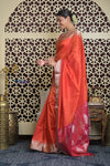 Shubh Lakshmi 2.0 ~ Handloom High Quality Pure Soft Silk Saree in Bright Orange and Pink (Silk Mark Certified) - verymuchindian.com