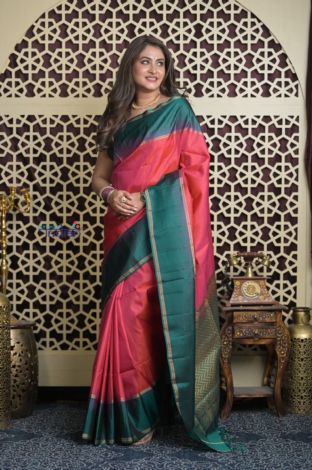 Shubh Lakshmi 2.0 ~ Handloom High Quality Pure Soft Silk Saree in Carrot Pink and Green (Silk Mark Certified) - verymuchindian.com