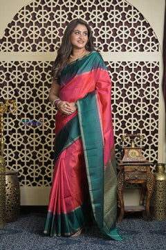 Shubh Lakshmi 2.0 ~ Handloom High Quality Pure Soft Silk Saree in Carrot Pink and Green (Silk Mark Certified) - verymuchindian.com