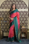 Shubh Lakshmi 2.0 ~ Handloom High Quality Pure Soft Silk Saree in Carrot Pink and Green (Silk Mark Certified) - verymuchindian.com
