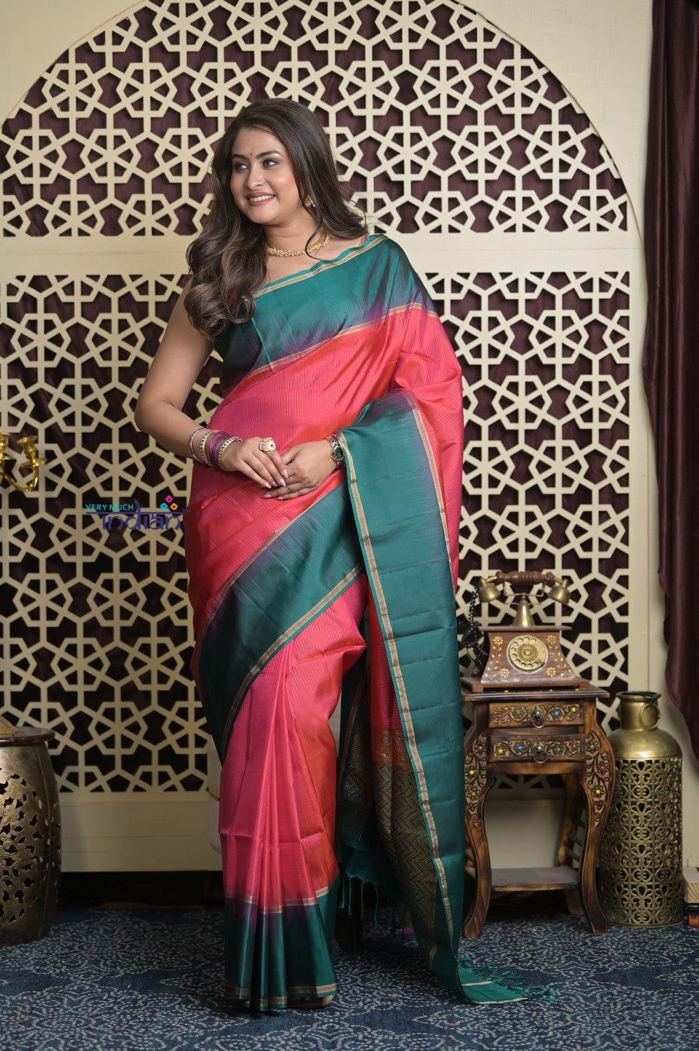 Shubh Lakshmi 2.0 ~ Handloom High Quality Pure Soft Silk Saree in Carrot Pink and Green (Silk Mark Certified) - verymuchindian.com