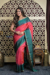 Shubh Lakshmi 2.0 ~ Handloom High Quality Pure Soft Silk Saree in Carrot Pink and Green (Silk Mark Certified) - verymuchindian.com