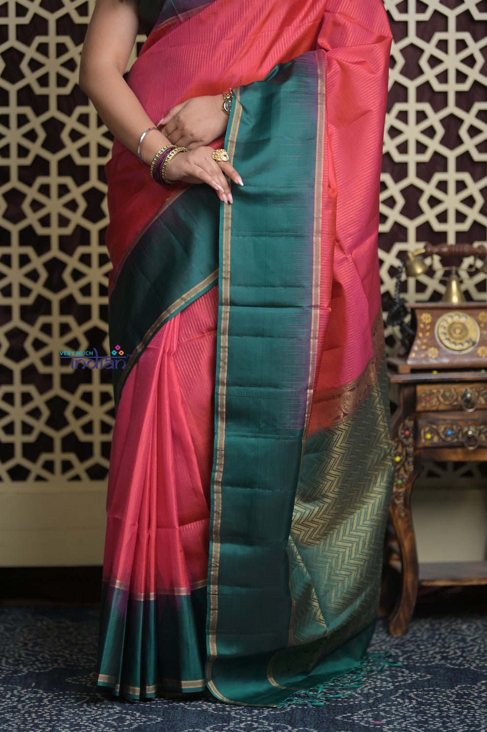 Shubh Lakshmi 2.0 ~ Handloom High Quality Pure Soft Silk Saree in Carrot Pink and Green (Silk Mark Certified) - verymuchindian.com