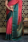 Shubh Lakshmi 2.0 ~ Handloom High Quality Pure Soft Silk Saree in Carrot Pink and Green (Silk Mark Certified) - verymuchindian.com