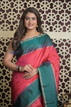 Shubh Lakshmi 2.0 ~ Handloom High Quality Pure Soft Silk Saree in Carrot Pink and Green (Silk Mark Certified) - verymuchindian.com