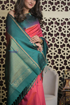 Shubh Lakshmi 2.0 ~ Handloom High Quality Pure Soft Silk Saree in Carrot Pink and Green (Silk Mark Certified) - verymuchindian.com