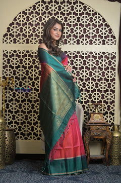 Shubh Lakshmi 2.0 ~ Handloom High Quality Pure Soft Silk Saree in Carrot Pink and Green (Silk Mark Certified) - verymuchindian.com