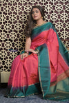 Shubh Lakshmi 2.0 ~ Handloom High Quality Pure Soft Silk Saree in Carrot Pink and Green (Silk Mark Certified) - verymuchindian.com