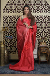 Shubh Lakshmi 2.0 ~ Handloom High Quality Pure Soft Silk Saree in Cerulean Red(Silk Mark Certified) - verymuchindian.com