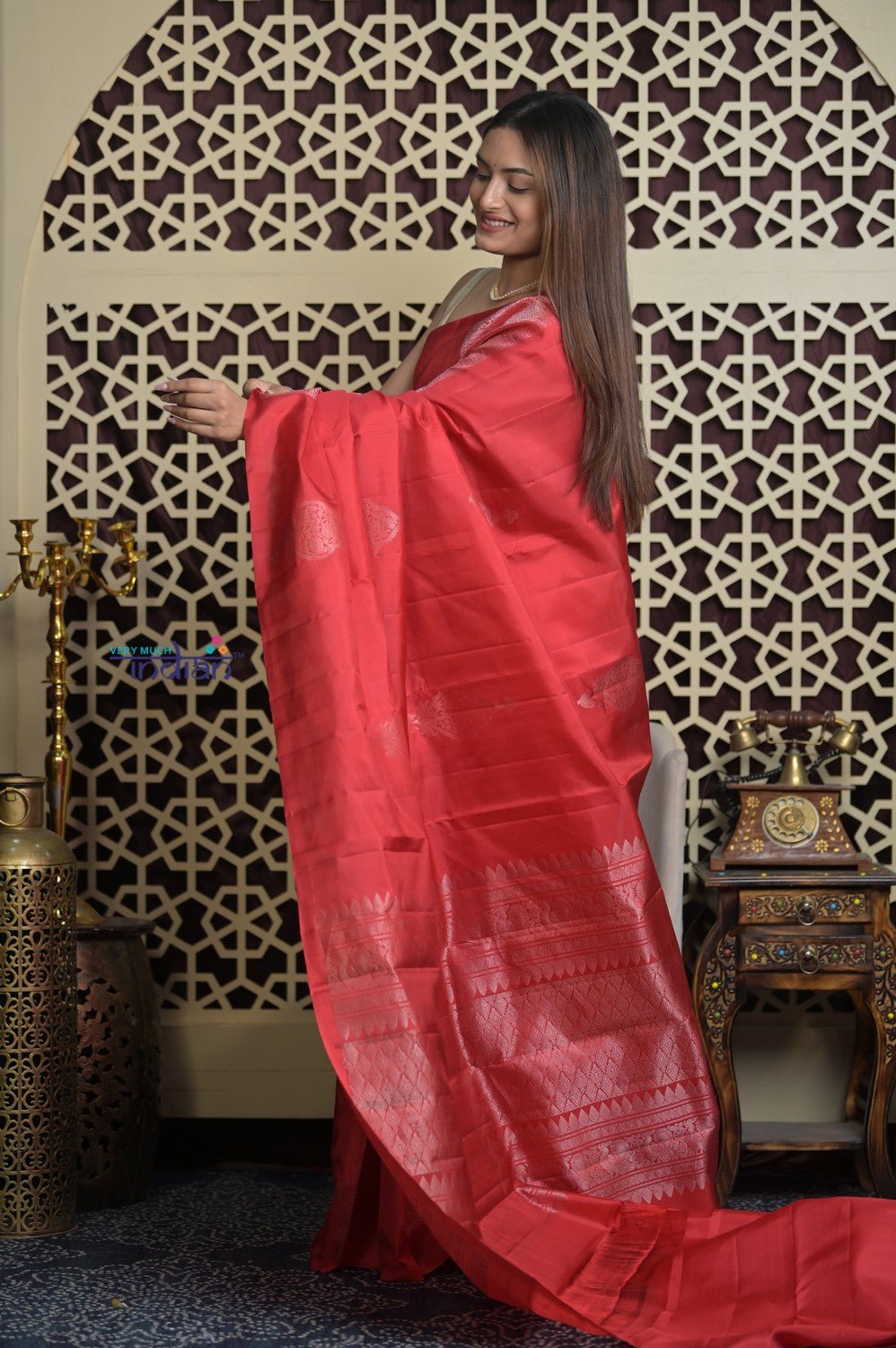 Shubh Lakshmi 2.0 ~ Handloom High Quality Pure Soft Silk Saree in Cerulean Red(Silk Mark Certified) - verymuchindian.com