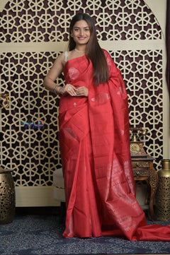 Shubh Lakshmi 2.0 ~ Handloom High Quality Pure Soft Silk Saree in Cerulean Red(Silk Mark Certified) - verymuchindian.com