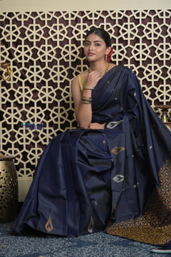Shubh Lakshmi 2.0 ~ Handloom High Quality Pure Soft Silk Saree in Dark Blue and Gold (Silk Mark Certified) - verymuchindian.com