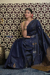 Shubh Lakshmi 2.0 ~ Handloom High Quality Pure Soft Silk Saree in Dark Blue and Gold (Silk Mark Certified) - verymuchindian.com
