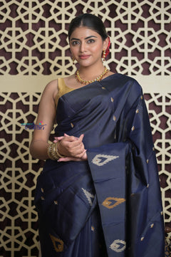 Shubh Lakshmi 2.0 ~ Handloom High Quality Pure Soft Silk Saree in Dark Blue and Gold (Silk Mark Certified) - verymuchindian.com