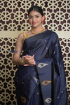 Shubh Lakshmi 2.0 ~ Handloom High Quality Pure Soft Silk Saree in Dark Blue and Gold (Silk Mark Certified) - verymuchindian.com