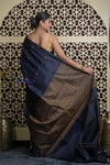 Shubh Lakshmi 2.0 ~ Handloom High Quality Pure Soft Silk Saree in Dark Blue and Gold (Silk Mark Certified) - verymuchindian.com