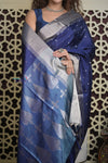 Shubh Lakshmi 2.0 ~ Handloom High Quality Pure Soft Silk Saree in Dark Blue and Silver (Silk Mark Certified) - verymuchindian.com