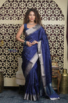 Shubh Lakshmi 2.0 ~ Handloom High Quality Pure Soft Silk Saree in Dark Blue and Silver (Silk Mark Certified) - verymuchindian.com