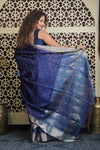 Shubh Lakshmi 2.0 ~ Handloom High Quality Pure Soft Silk Saree in Dark Blue and Silver (Silk Mark Certified) - verymuchindian.com