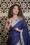 Shubh Lakshmi 2.0 ~ Handloom High Quality Pure Soft Silk Saree in Dark Blue and Silver (Silk Mark Certified) - verymuchindian.com