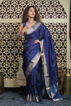 Shubh Lakshmi 2.0 ~ Handloom High Quality Pure Soft Silk Saree in Dark Blue and Silver (Silk Mark Certified) - verymuchindian.com