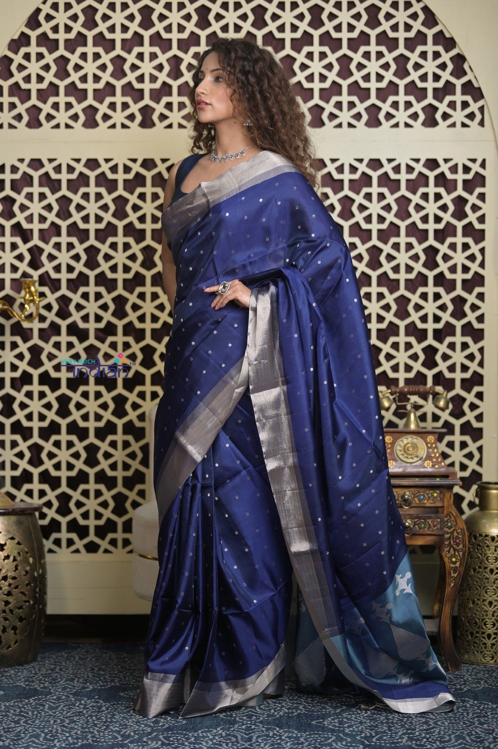 Shubh Lakshmi 2.0 ~ Handloom High Quality Pure Soft Silk Saree in Dark Blue and Silver (Silk Mark Certified) - verymuchindian.com
