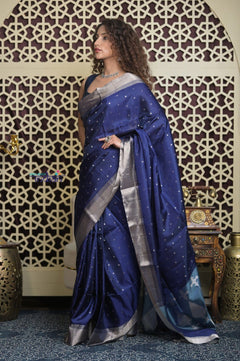 Shubh Lakshmi 2.0 ~ Handloom High Quality Pure Soft Silk Saree in Dark Blue and Silver (Silk Mark Certified) - verymuchindian.com