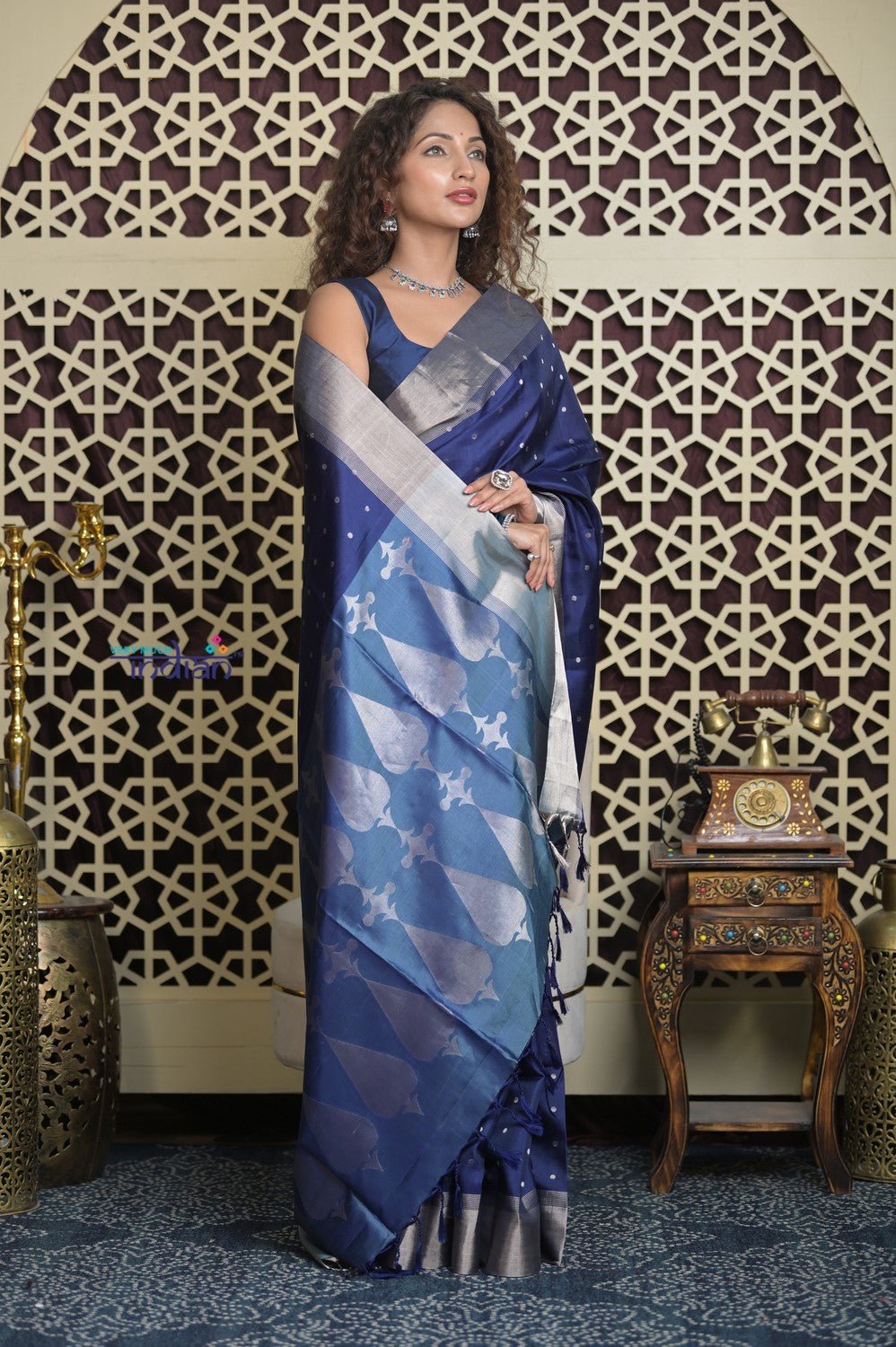 Shubh Lakshmi 2.0 ~ Handloom High Quality Pure Soft Silk Saree in Dark Blue and Silver (Silk Mark Certified) - verymuchindian.com
