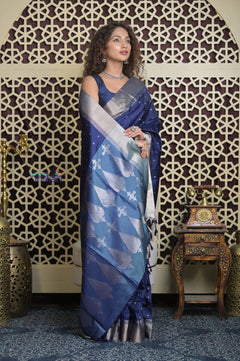 Shubh Lakshmi 2.0 ~ Handloom High Quality Pure Soft Silk Saree in Dark Blue and Silver (Silk Mark Certified) - verymuchindian.com