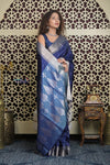 Shubh Lakshmi 2.0 ~ Handloom High Quality Pure Soft Silk Saree in Dark Blue and Silver (Silk Mark Certified) - verymuchindian.com