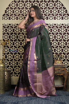 Shubh Lakshmi 2.0 ~ Handloom High Quality Pure Soft Silk Saree in Dark Green and Lilac (Silk Mark Certified) - verymuchindian.com